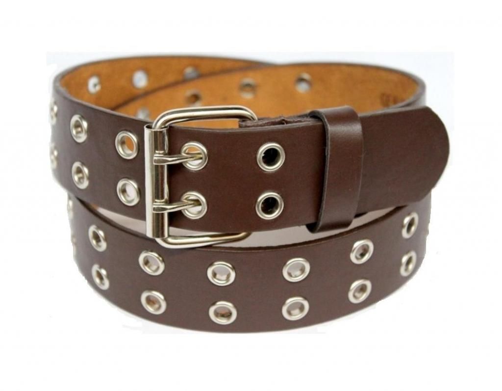 Two 2 Double Row Leather Belt with Silver Grommet Holes & Buckle Black