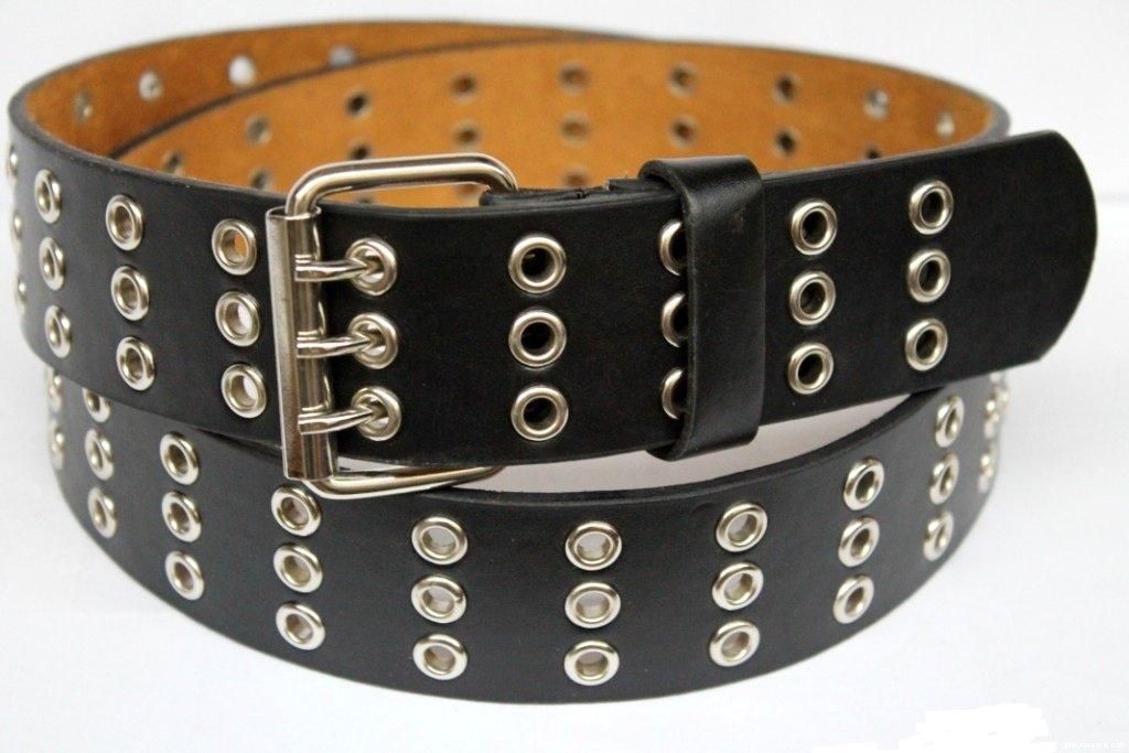 Triple 3 Row Leather Belt with Silver Grommet Holes & Buckle Mens