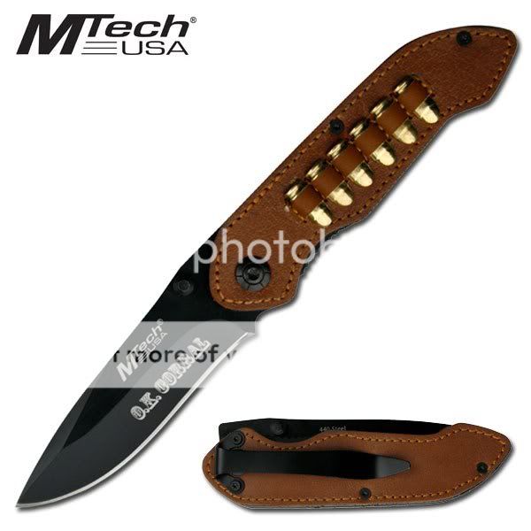 NEW 3.25 Mtech Leather Bullet Holster Design Folding Knife w/ Pocket 